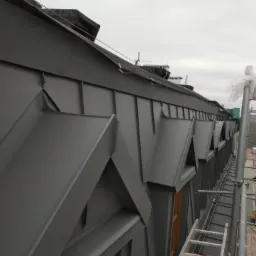 Szary dach z blachy trapezowej z lukarnami, widok z boku z rusztowaniem i drabiną, pochmurne niebo w tle.