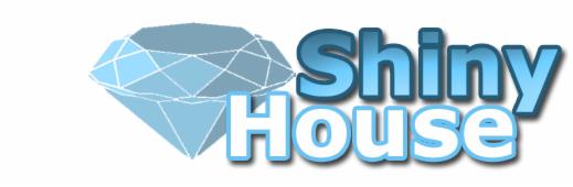 Logo firmy sprzątającej Shiny House z brylantem, niebieskie napisy z efektem cienia, czysty, biały design.