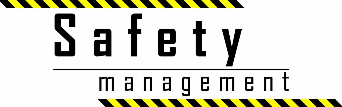 Grafika z napisem 'Safety management' na białym tle, ozdobiona czarno-żółtymi pasami ostrzegawczymi na górze i dole.