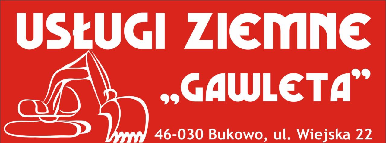 Grafika z białym schematycznym rysunkiem koparki na czerwonym tle, obok napis 'Usługi Ziemne 'GAWLETA'' i adres firmy: Bukowo, ul. Wiejska 22.