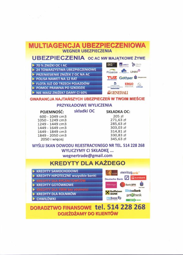 Plakat multiagencji ubezpieczeniowej Wegner Ubezpieczenia, oferującej ubezpieczenia i kredyty. Zawiera wyliczenia składek OC i informacje o kredytach samochodowych, gotówkowych i dla firm.