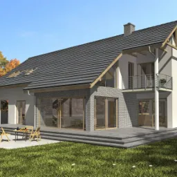 Wizualizacja zewnętrzna nowoczesnego domu jednorodzinnego z dwuspadowym dachem i balkonem, z dużymi przeszkleniami w części parterowej, prezentowana w jesiennej scenerii.