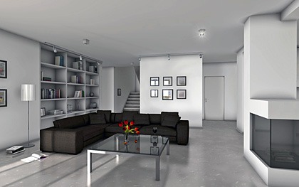 Jasne wnętrze salonu z ciemnoszarą narożną sofą, szklanym stolikiem kawowym z bukietem czerwonych tulipanów, regałem z książkami i nowoczesnym kominkiem z przeszklonym paleniskiem.