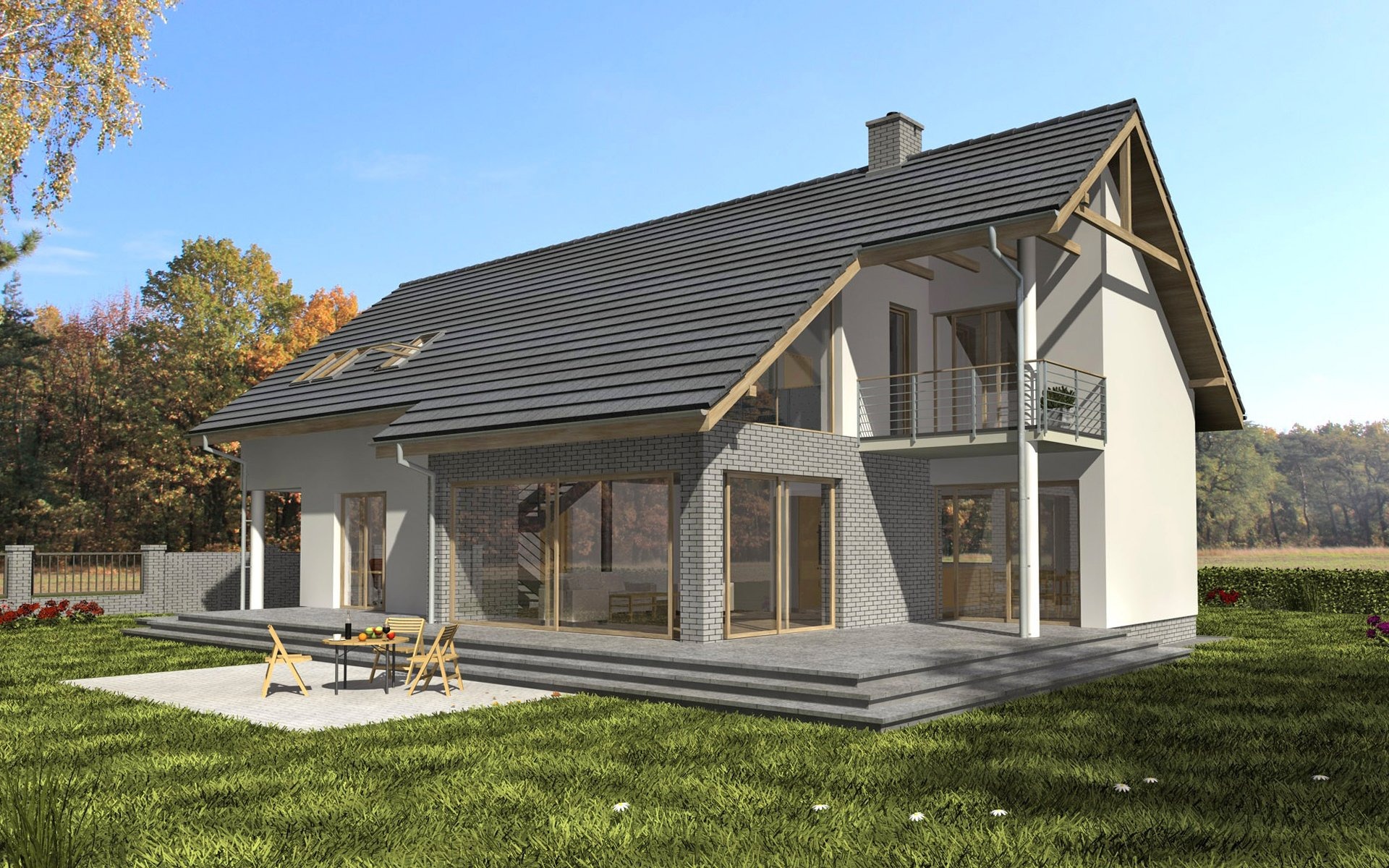 Wizualizacja zewnętrzna nowoczesnego domu jednorodzinnego z dwuspadowym dachem i balkonem, z dużymi przeszkleniami w części parterowej, prezentowana w jesiennej scenerii.