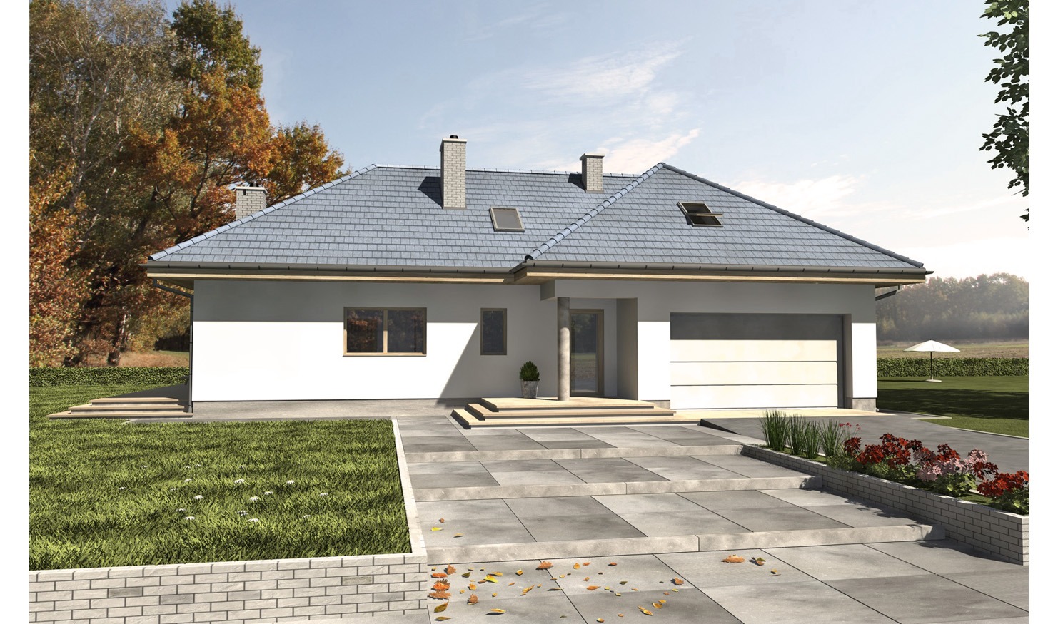 Elewacja parterowego domu z garażem, szara dachówka, kamienne płyty chodnikowe i zadbany trawnik z jesiennymi liśćmi.