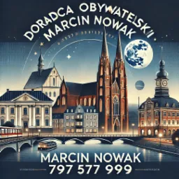 Ilustracja: Panorama miasta z katedrą, rzeką i tramwajem, stylizowana na plakat reklamowy z danymi kontaktowymi doradcy obywatelskiego.