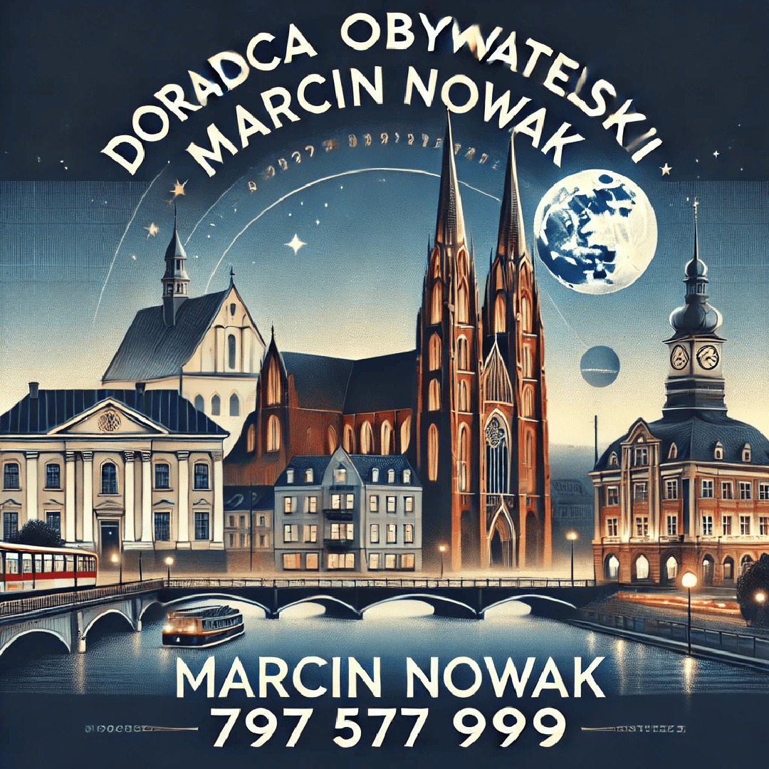 Ilustracja: Panorama miasta z katedrą, rzeką i tramwajem, stylizowana na plakat reklamowy z danymi kontaktowymi doradcy obywatelskiego.