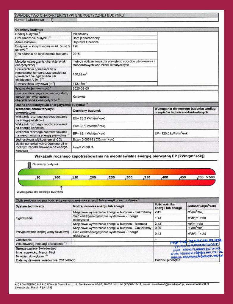 Skan świadectwa charakterystyki energetycznej budynku mieszkalnego jednorodzinnego z Dąbrowy Górniczej, wystawionego w 2015 roku, zawierającego dane o zapotrzebowaniu na energię i nośnikach energii.