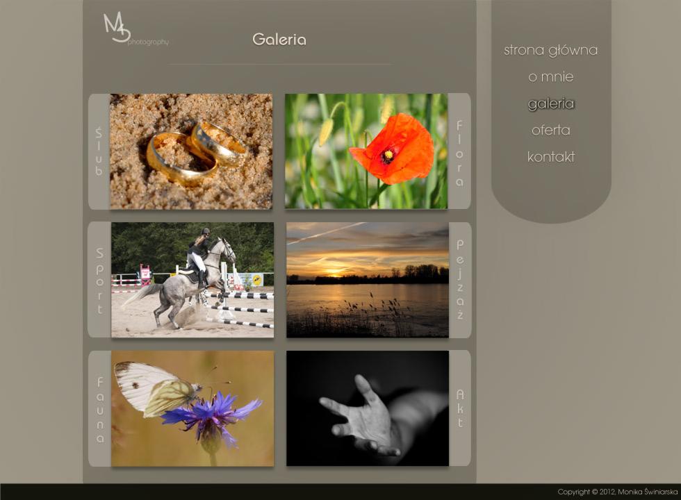 Zrzut ekranu strony internetowej fotografa z galerią zdjęć: obrączki ślubne na piasku, mak, jeździec na koniu, zachód słońca nad jeziorem, motyl na kwiatku, dłoń.