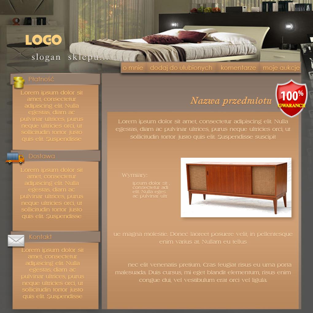 Grafika mock-up strony internetowej z elementami sypialni (łóżko) i mebli (komoda). Layout zawiera logo, slogan, tekst lorem ipsum i przyciski nawigacyjne.