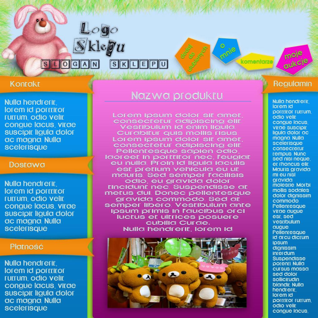 Grafika reklamowa sklepu internetowego z pluszakami: logo, slogan, nazwa produktu, informacje o kontakcie, dostawie, płatności i regulaminie. Pluszowe misie w tle.