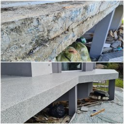 BB DESIGN - Porównanie stanu surowego i wykończonego tarasu w Międzybrodziu Żywieckim, z widoczną strukturą materiału przed i po nałożeniu szarej, gładkiej powierzchni.