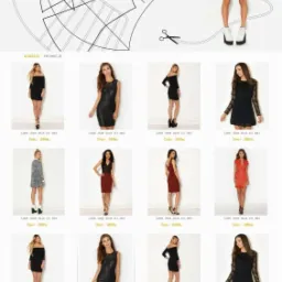 Wygląd strony internetowej sklepu odzieżowego z minimalistycznym designem, prezentującego modelki w różnych sukienkach na białym tle, z elementami graficznymi wzoru krawieckiego i nożyczkami...