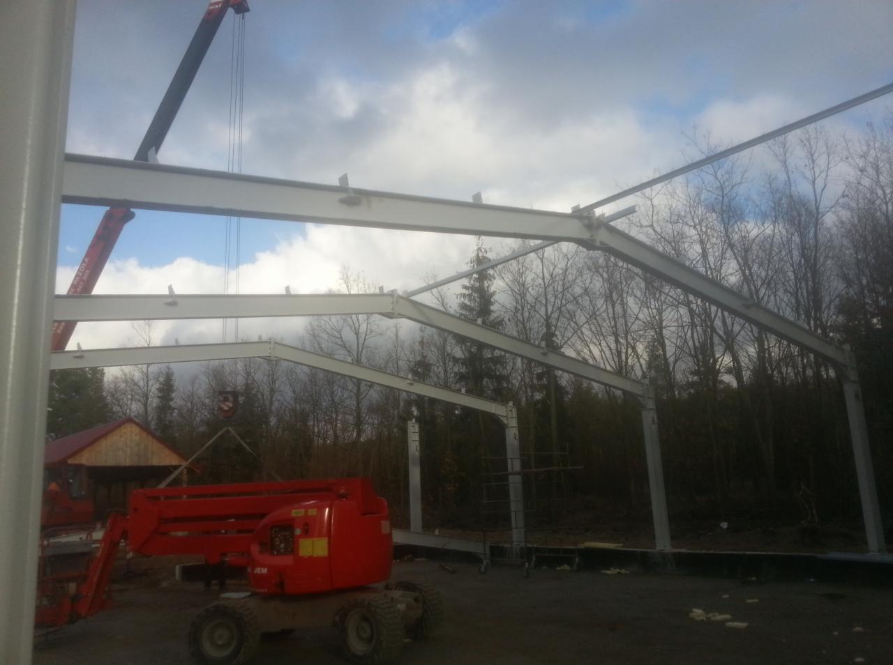 Montaż stalowej konstrukcji budynku z użyciem dźwigu i podnośnika koszowego na tle lasu i pochmurnego nieba.