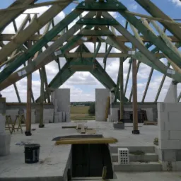 Wnętrze budowy domu z widoczną drewnianą konstrukcją dachu, bloczkami betonowymi i otwartym widokiem na krajobraz w tle. Prace murarskie w toku.