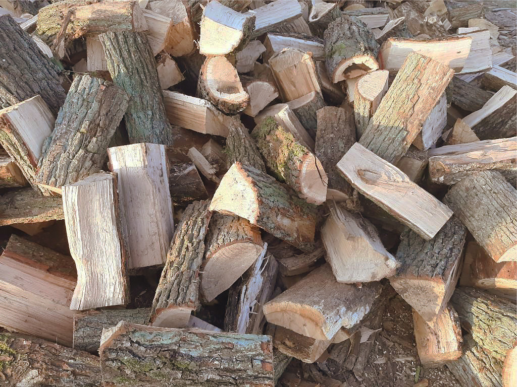 Stos pociętego drewna opałowego z widoczną korą i jasnym drewnem, ułożonego w chaotyczny sposób, oświetlonego naturalnym światłem.