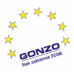 Logo firmy GONZO z gwiazdami UE i rokiem założenia 2008, umieszczone na białym tle. Grafika lekko obrócona.
