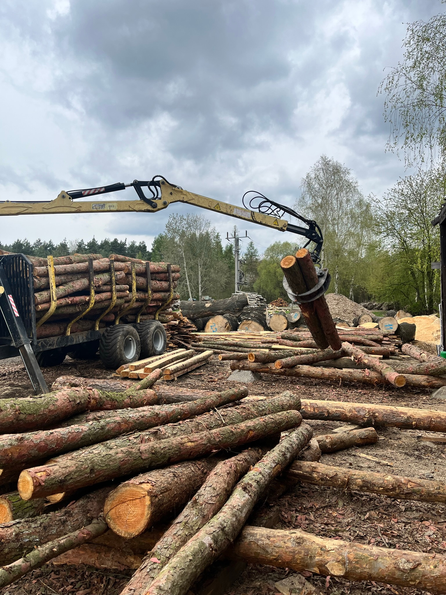 Żuraw przenosi kłody drewna na przyczepę, w tle składowane drewno i zrębki, pochmurne niebo.