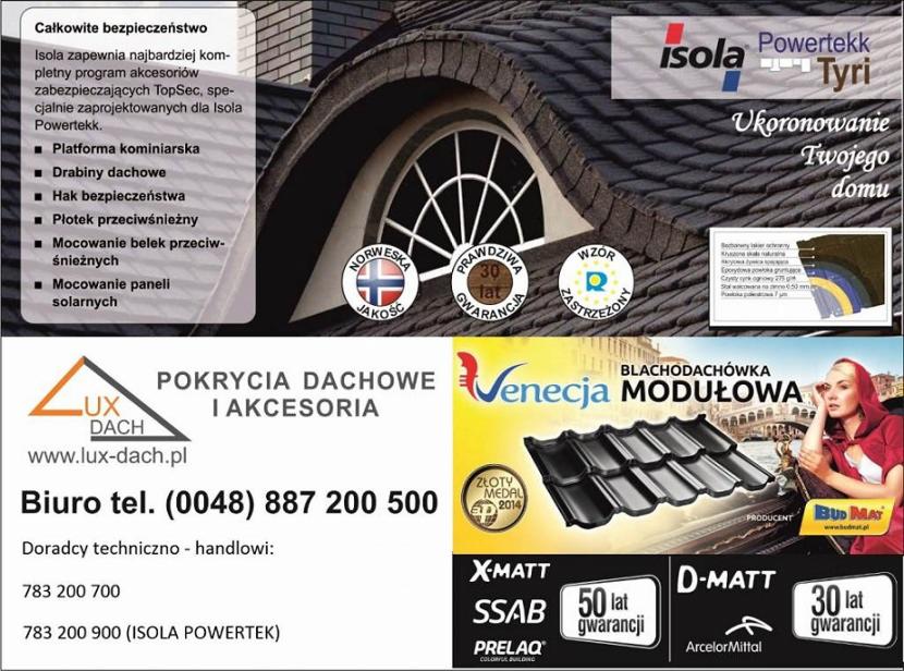 Reklama pokryć dachowych Lux Dach z dachówką modułową Venecja, logo Isola Powertekk i informacjami kontaktowymi. Widoczny fragment dachu z oknem.