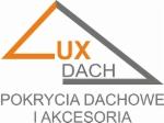 Logo firmy Lux Dach z pomarańczowym napisem 'LUX' i szarym 'DACH', poniżej napis 'POKRYCIA DACHOWE I AKCESORIA' na białym tle.