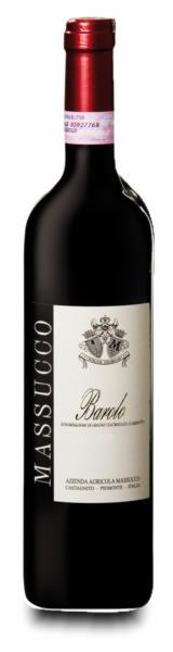 Elegancka butelka czerwonego wina Massucco Barolo z bordową kapsułą, etykietą w kolorze ecru i nazwą producenta pionowo po lewej stronie.