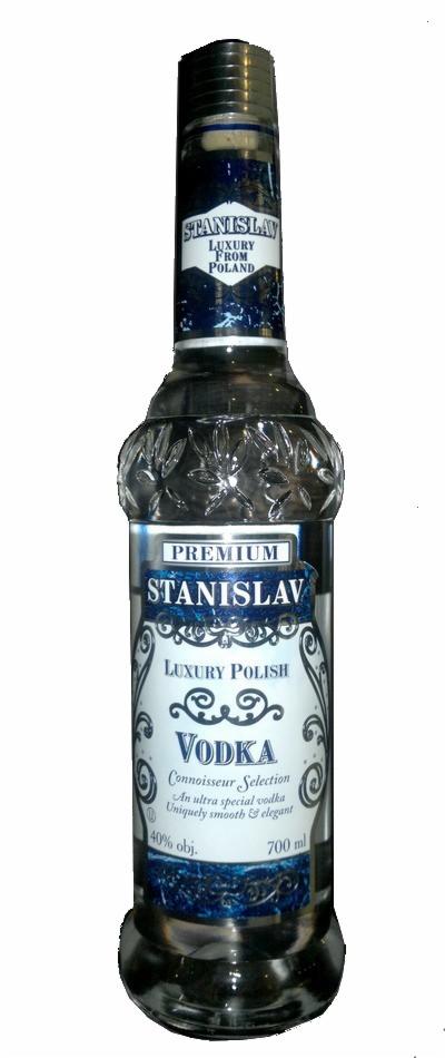 Elegancka butelka wódki Stanisław Luxury Polish Vodka o pojemności 700 ml, z dekoracyjnym szkłem i etykietą w kolorze niebieskim i srebrnym.