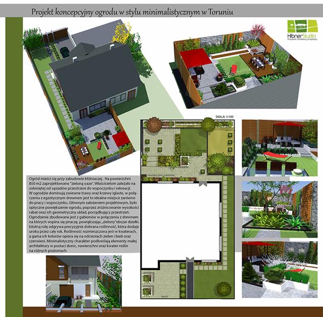 Koncepcja minimalistycznego ogrodu w Toruniu: wizualizacja 3D i plan zagospodarowania, zieleń, trawa, drewno, gabiony, kwatery roślin. Skala 1:100.