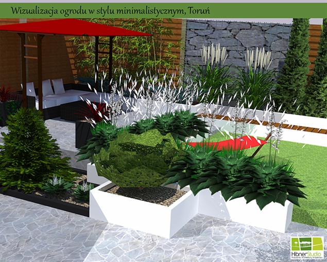 Wizualizacja ogrodu w stylu minimalistycznym: geometryczne rabaty z roślinami w białych donicach, szara kamienna ściana i meble ogrodowe pod czerwonym parasolem.