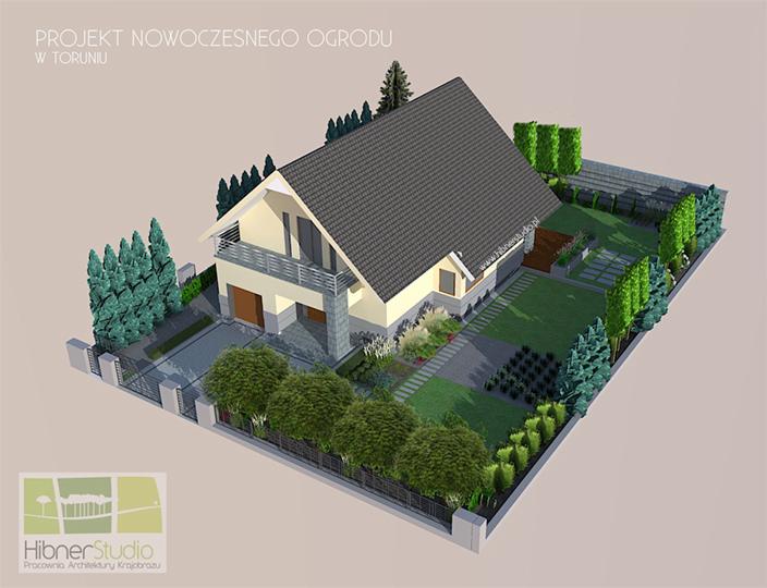 Wizualizacja 3D nowoczesnego ogrodu w Toruniu z domem, trawnikiem, drzewami iglastymi, krzewami i ścieżkami z kostki, prezentowana z lotu ptaka.