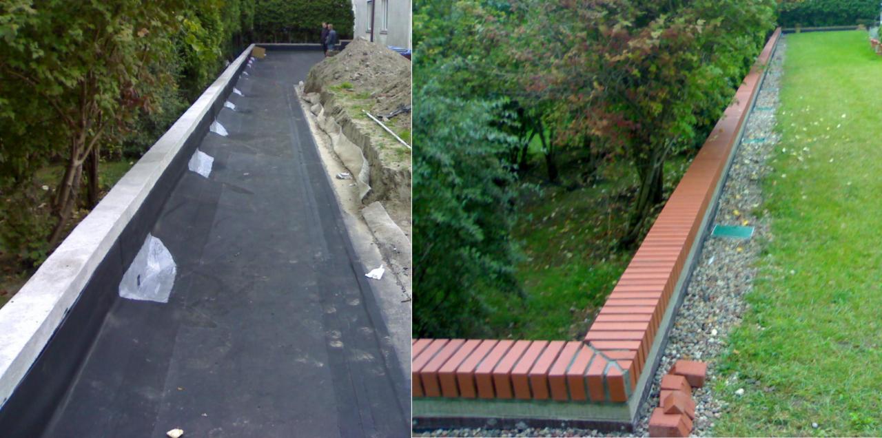 Hydroizolacja dachu płaskiego papą termozgrzewalną w Piasecznie. Widoczne zabezpieczenia i obróbki blacharskie. Częściowo widoczny mur oporowy z cegły.