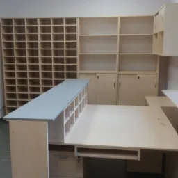 Jasne, biurowe wnętrze z zabudową: regał z licznymi przegródkami, szafki z półkami i biurko z wysuwaną półką na klawiaturę, oświetlone naturalnym światłem z okna.