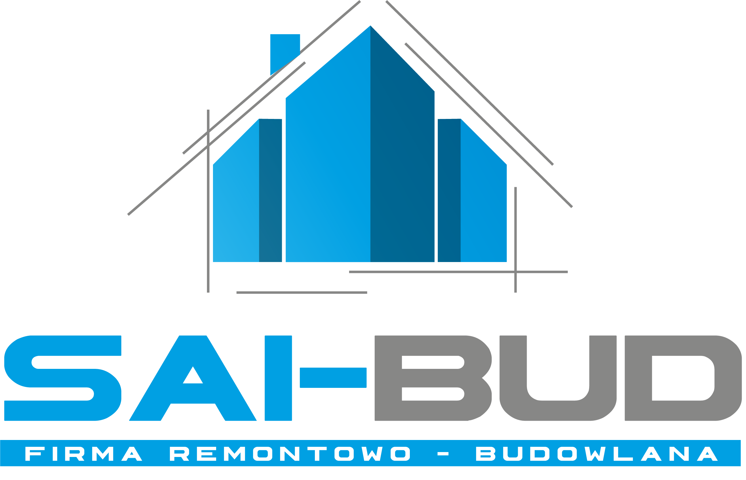 Logo firmy remontowo-budowlanej SAI-BUD z abstrakcyjnym niebieskim symbolem domu na czarnym tle.