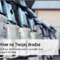 Flota białych ciężarówek ustawiona w rzędzie, widoczna z boku, z budynkiem w tle. Ostrość na kabiny pierwszych pojazdów, dalsze rozmyte.