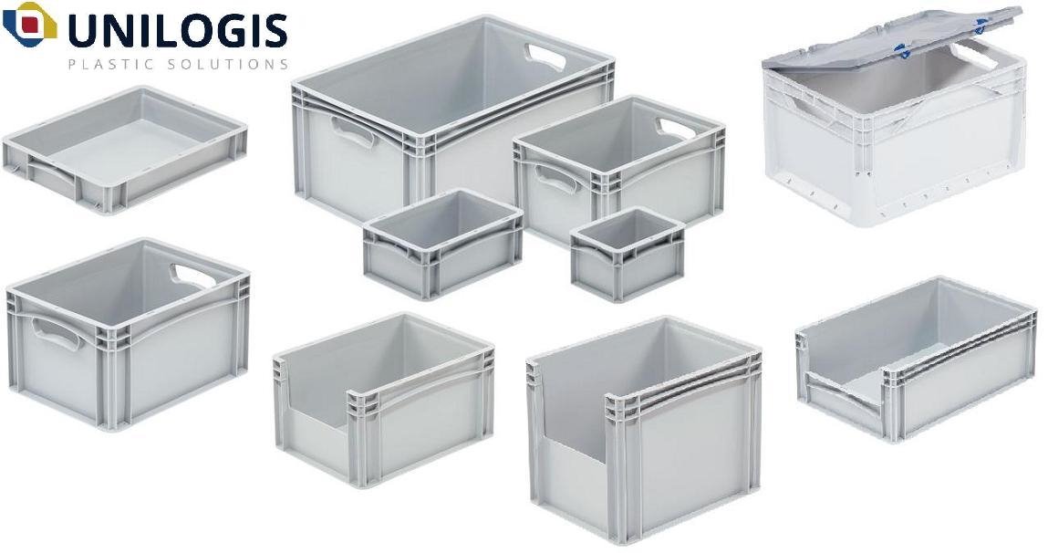 Zestaw szarych, plastikowych skrzynek różnej wielkości z uchwytami, jedna ze skrzyniek posiada szarą pokrywę z niebieskimi zatrzaskami, widoczne logo producenta Unilogis.