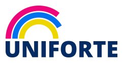 Logo firmy UNIFORTE z tęczowym łukiem w kolorach różowym, niebieskim i żółtym nad nazwą, na białym tle.