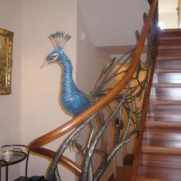 Klatka schodowa z drewnianymi stopniami i balustradą z motywem pawia wykonaną z metalu i drewna, widok z dołu na górę.