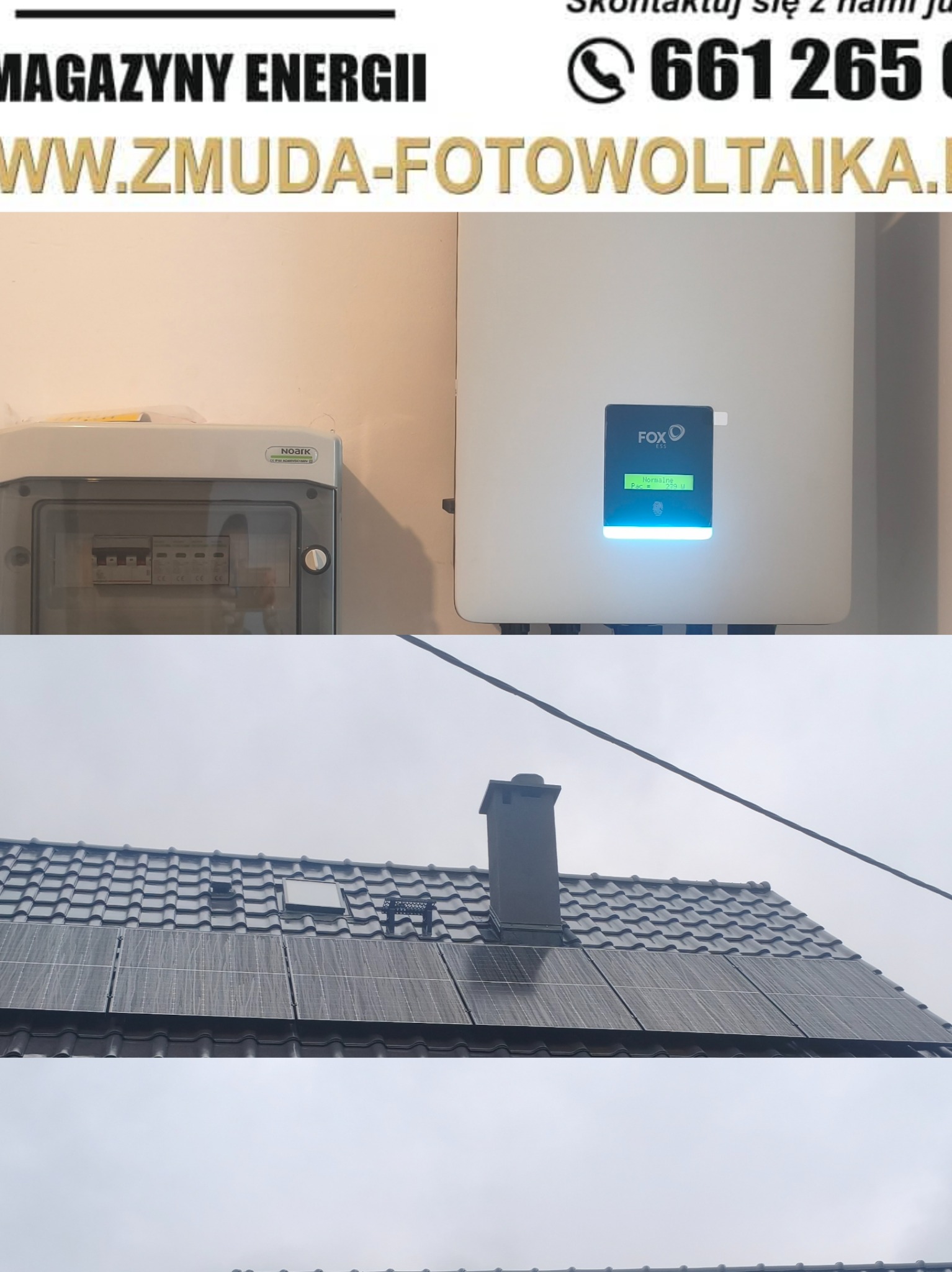 Instalacja fotowoltaiczna: panele na dachu, inwerter FOX ESS z zielonym wyświetlaczem i skrzynka elektryczna Noark. Widoczne logo firmy na górze zdjęcia.