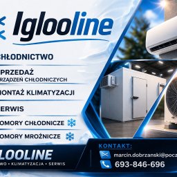 IGLOOLINE Marcin Dobrzański - Grafika reklamowa firmy Iglooline: klimatyzacja, chłodnictwo, serwis. Widoczny klimatyzator, komora chłodnicza, kontakt. Niebieska kolorystyka, motyw śnieżynki.