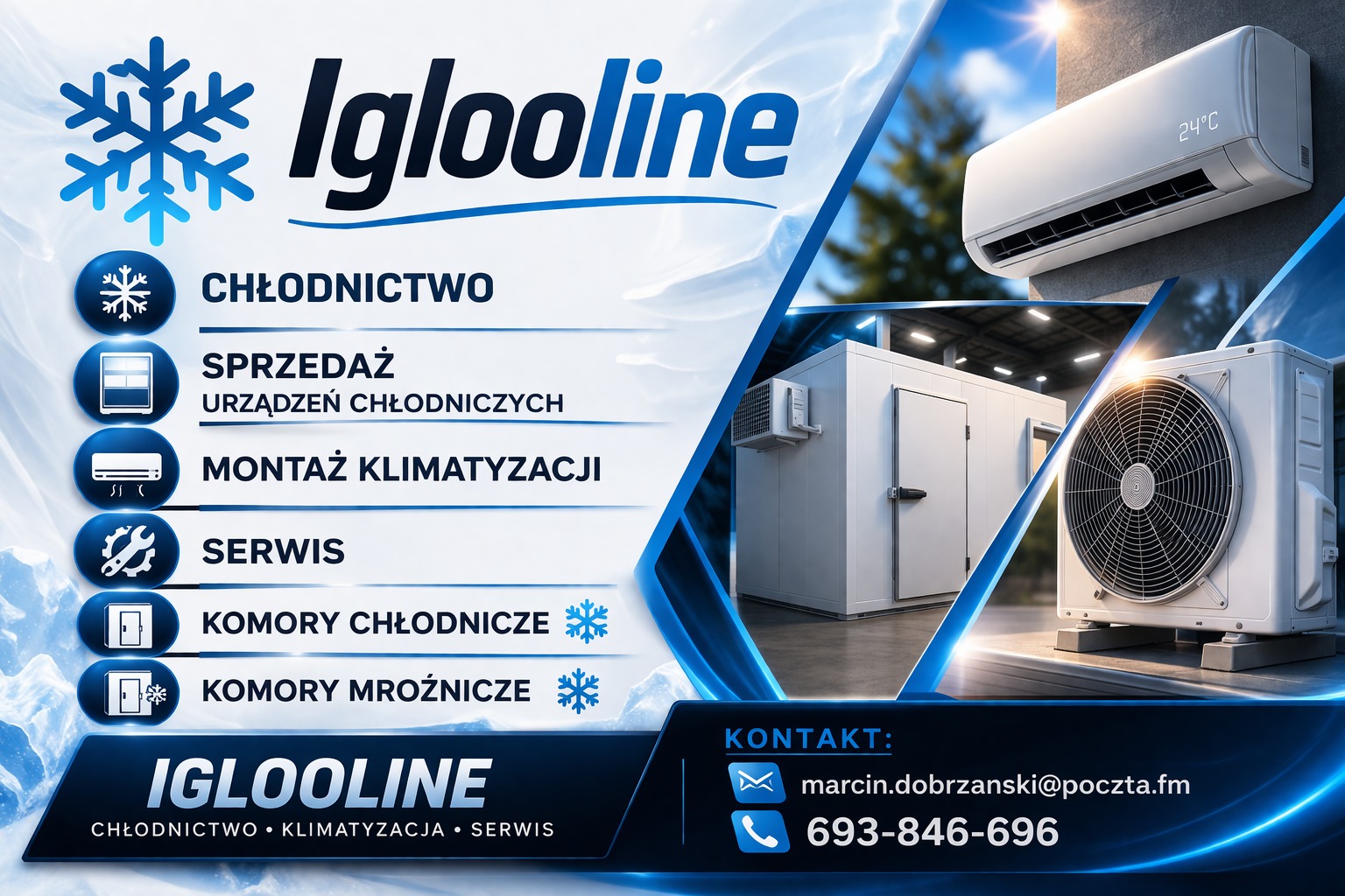 Grafika reklamowa firmy Iglooline: klimatyzacja, chłodnictwo, serwis. Widoczny klimatyzator, komora chłodnicza, kontakt. Niebieska kolorystyka, motyw śnieżynki.