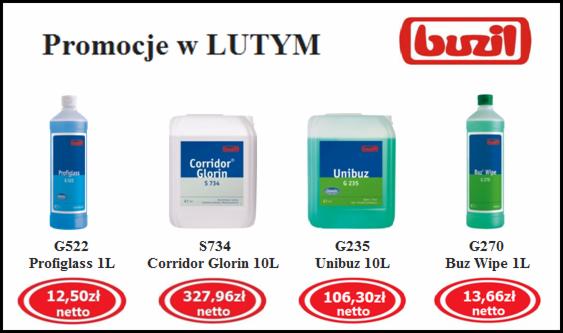 Lutowa promocja na środki czystości Buzil: Profiglass 1L, Corridor Glorin 10L, Unibuz 10L, Buz Wipe 1L. Produkty w plastikowych butelkach z cenami netto.
