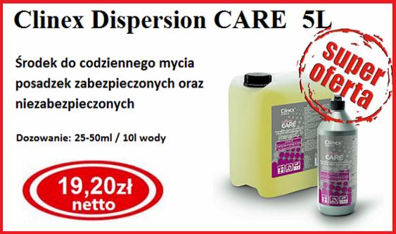 Dwa opakowania Clinex Dispersion CARE: kanister 5L i butelka, środek do mycia posadzek, cena netto 19,20 zł, super oferta. Produkt do codziennego użytku, dozowanie 25-50ml/10l wody.