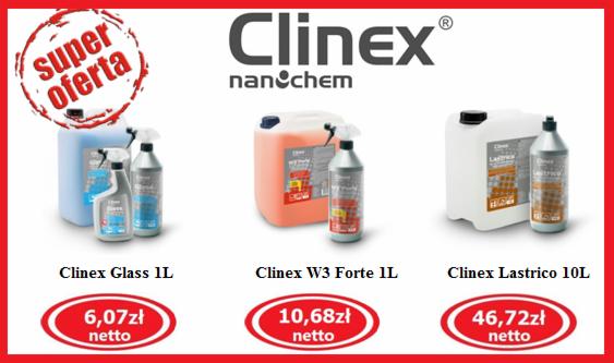 Zestaw środków czystości Clinex: Glass, W3 Forte i Lastrico, prezentowany na białym tle z informacją o cenie netto. Produkty w plastikowych opakowaniach z atomizerami.