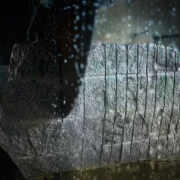 Cięcie bloku granitowego piłą diamentową. Widoczne pionowe nacięcia, woda chłodząca ostrze i surowa faktura kamienia. Obróbka kamienia w zakładzie.