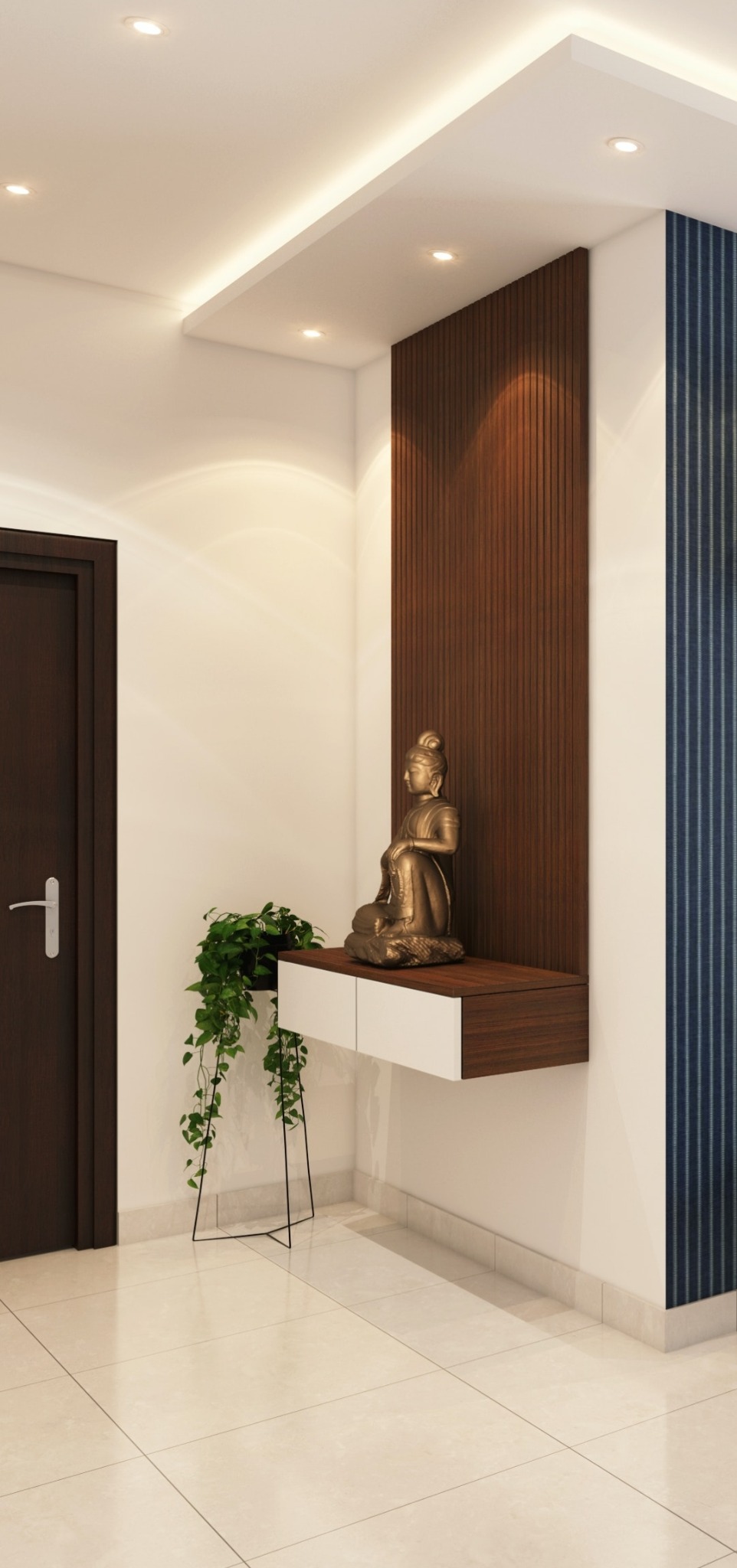 Nowoczesny przedpokój z drewnianą konsolą, białymi szufladami, rzeźbą Buddy i rośliną w minimalistycznej doniczce.