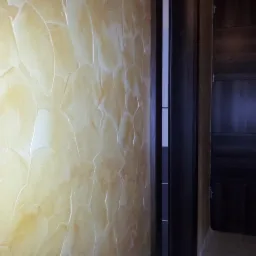 Dekoracyjna ściana w odcieniach beżu i bieli, z efektem trójwymiarowej faktury, przylegająca do ciemnej, drewnianej futryny i częściowo widocznych drzwi.