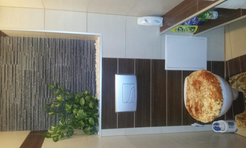 Wykończona toaleta z brązowymi i beżowymi płytkami, dekoracyjną ścianą z kamienia, rośliną doniczkową i akcesoriami łazienkowymi na półce.