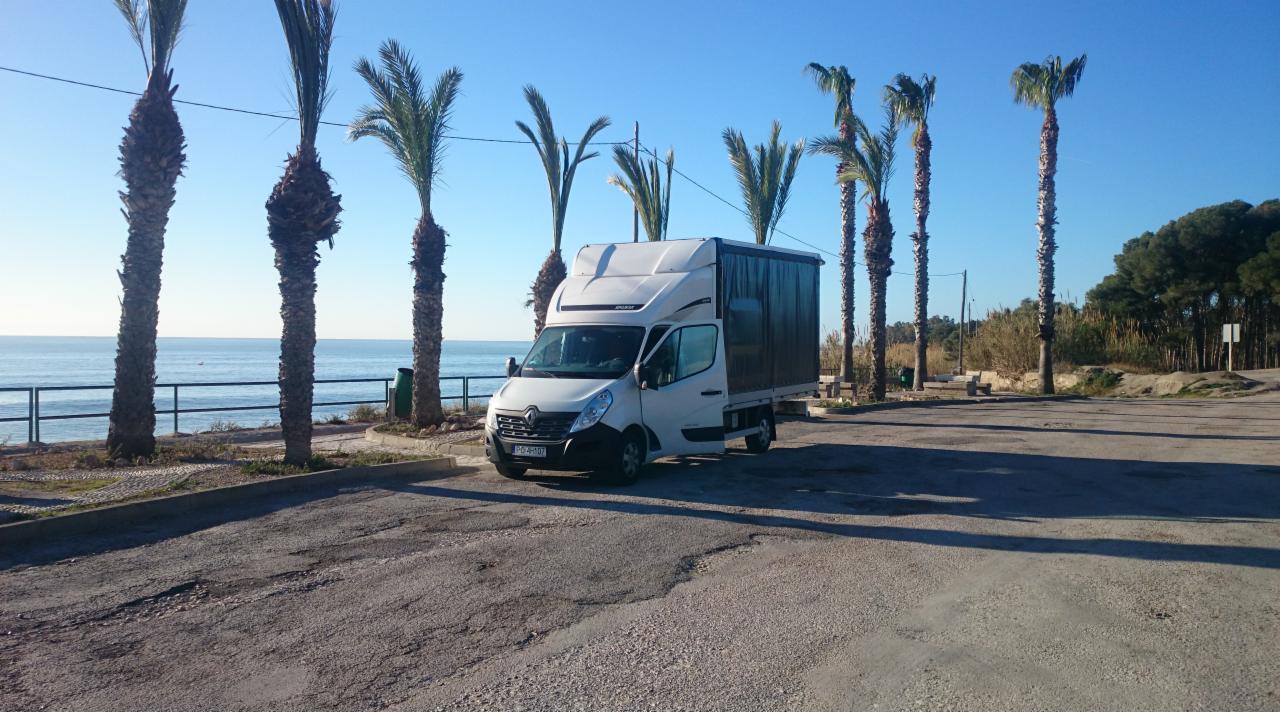 Biały bus Renault Master z otwartymi drzwiami na tle palmy i morza w słoneczny dzień. Widoczna tablica rejestracyjna.