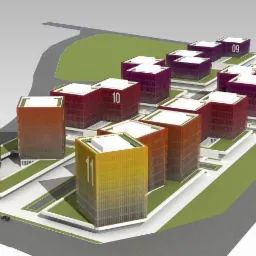 Wizualizacja osiedla budynków wielorodzinnych z numeracją od 09 do 11, przedstawiona w formie modelu 3D z uwzględnieniem zieleni i infrastruktury drogowej.