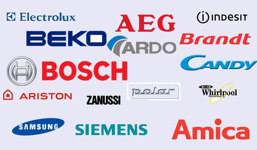 Zestaw logotypów popularnych marek AGD, w tym Electrolux, Bosch, Samsung, Amica, Candy, Ariston, AEG, Indesit, Whirlpool i Beko, na jasnym tle.