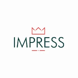 Logo firmy 'Impress' z czerwoną koroną nad nazwą i podkreśleniem, na białym tle. Minimalistyczny design z ciemnozieloną czcionką.